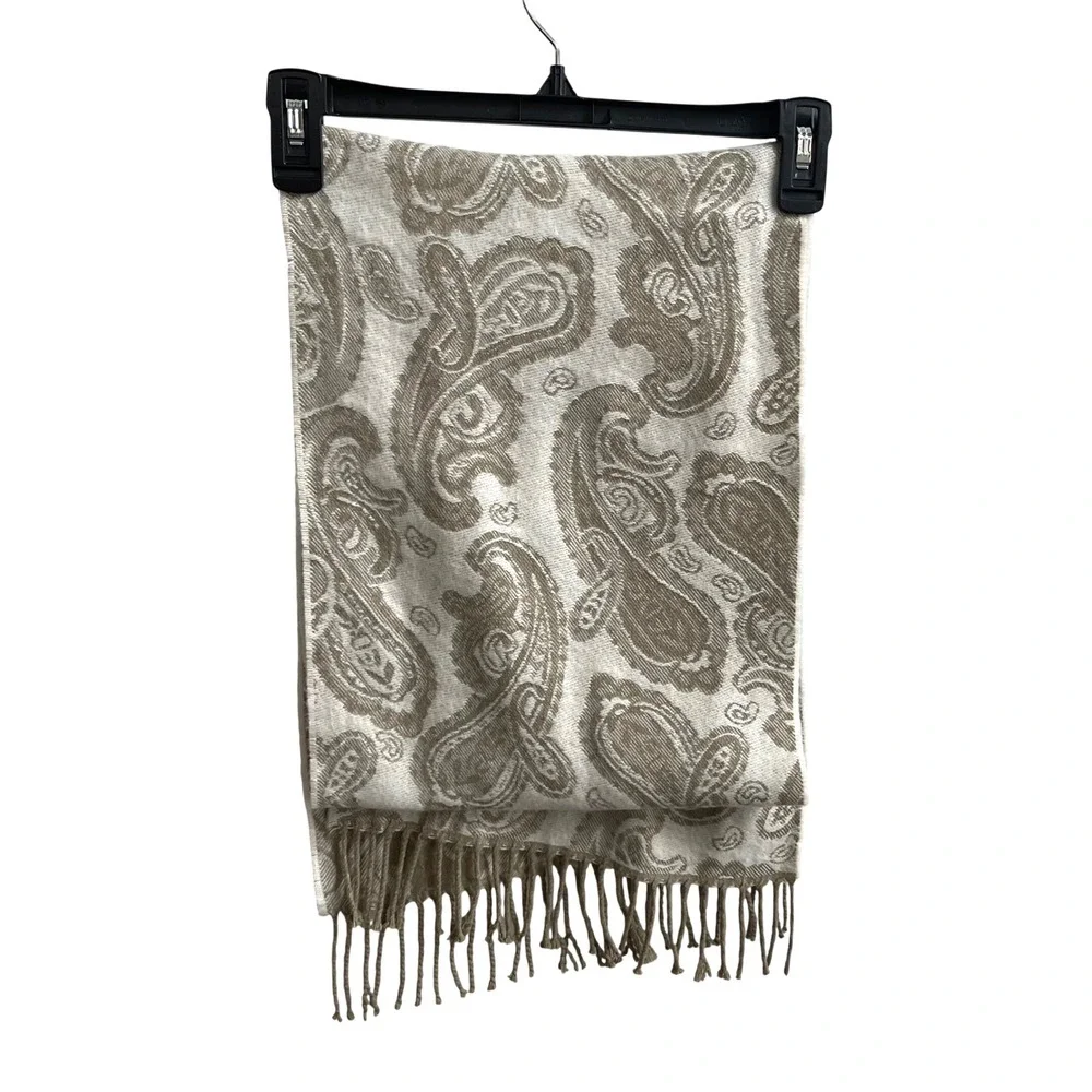 England 100% Cashmere Scarf Women OS Tan Paisley Luxury Winter Fringed Wrap‎